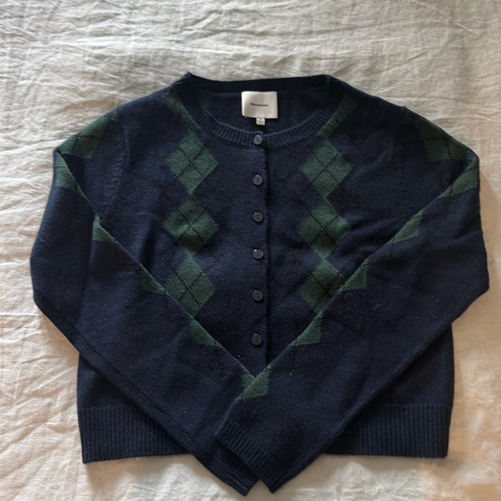 New, Reformation Clara Cashmere sweater in navy Argyle